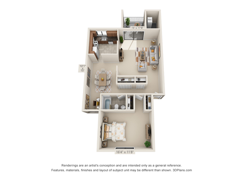 Floor plan for 1 bed, 1 bath, 913 sqft